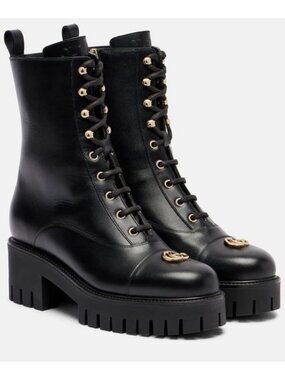 Gucci Double G Black Leather Combat Ankle Boots Platform Lace Up Size 38.5